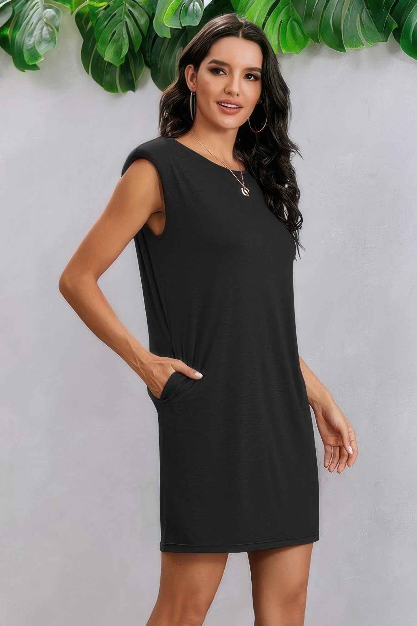 Round Neck Solid Sleeveless Shirt Dress