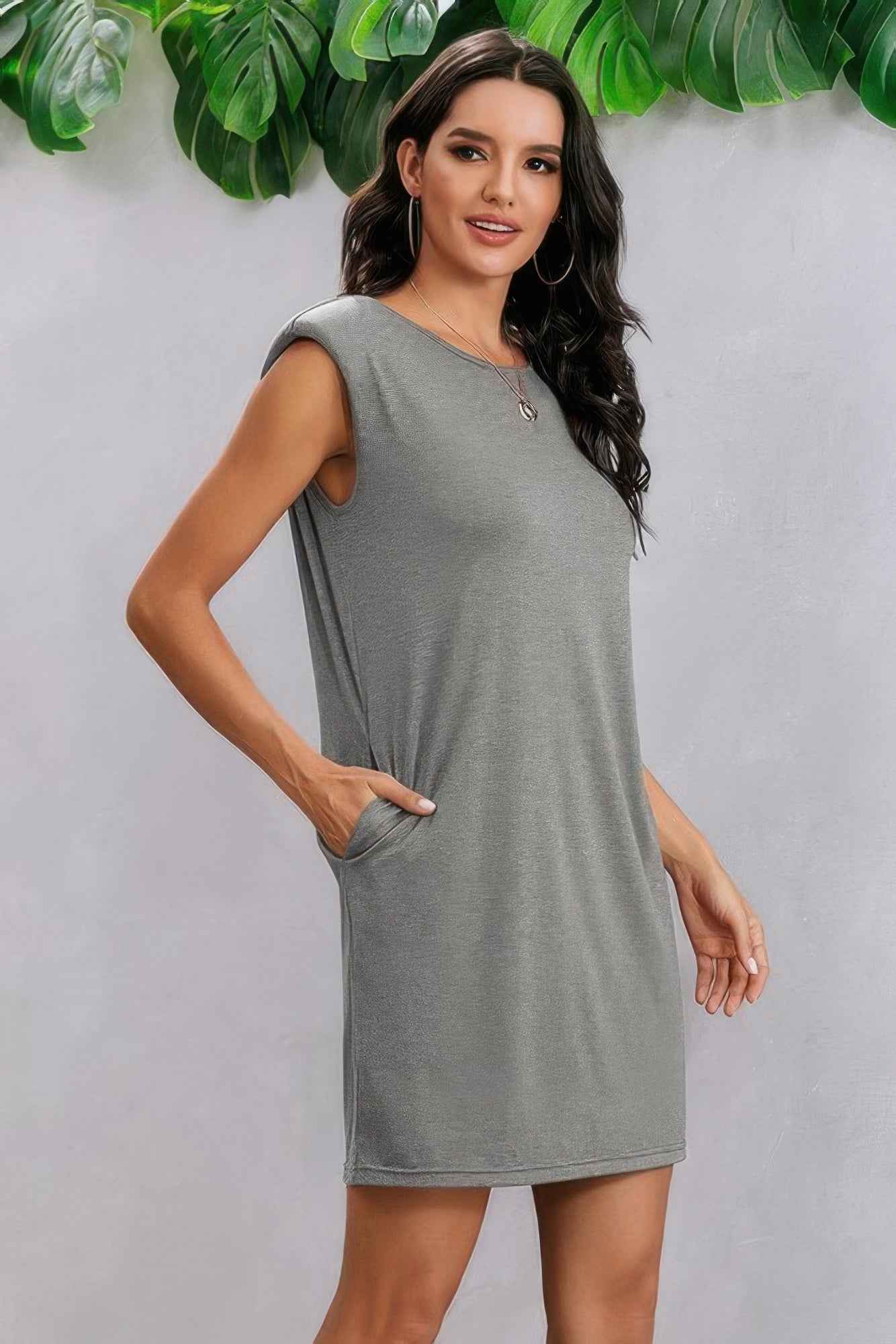 Round Neck Solid Sleeveless Shirt Dress