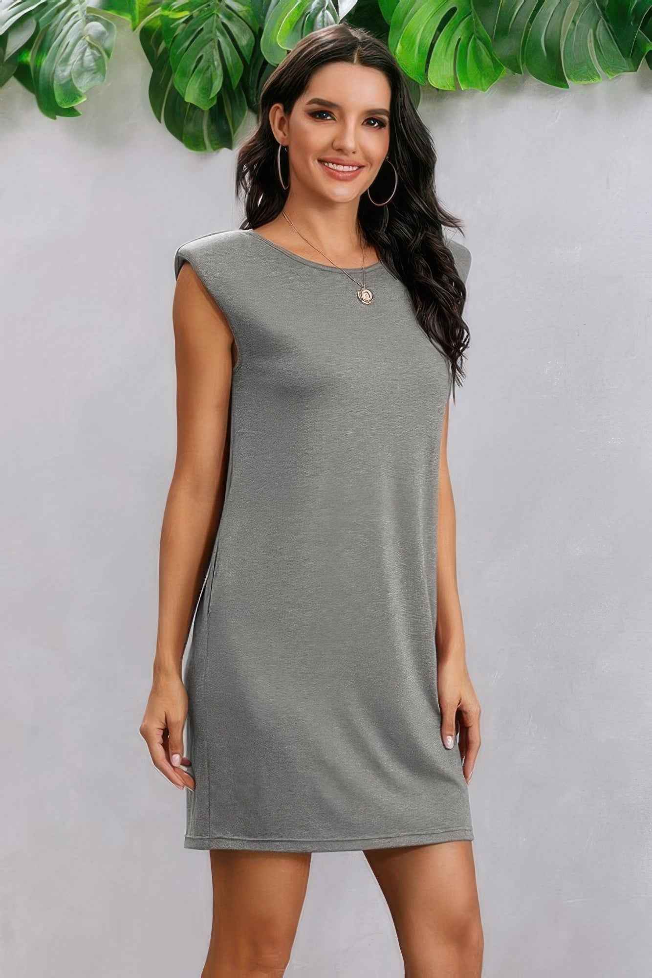 Round Neck Solid Sleeveless Shirt Dress
