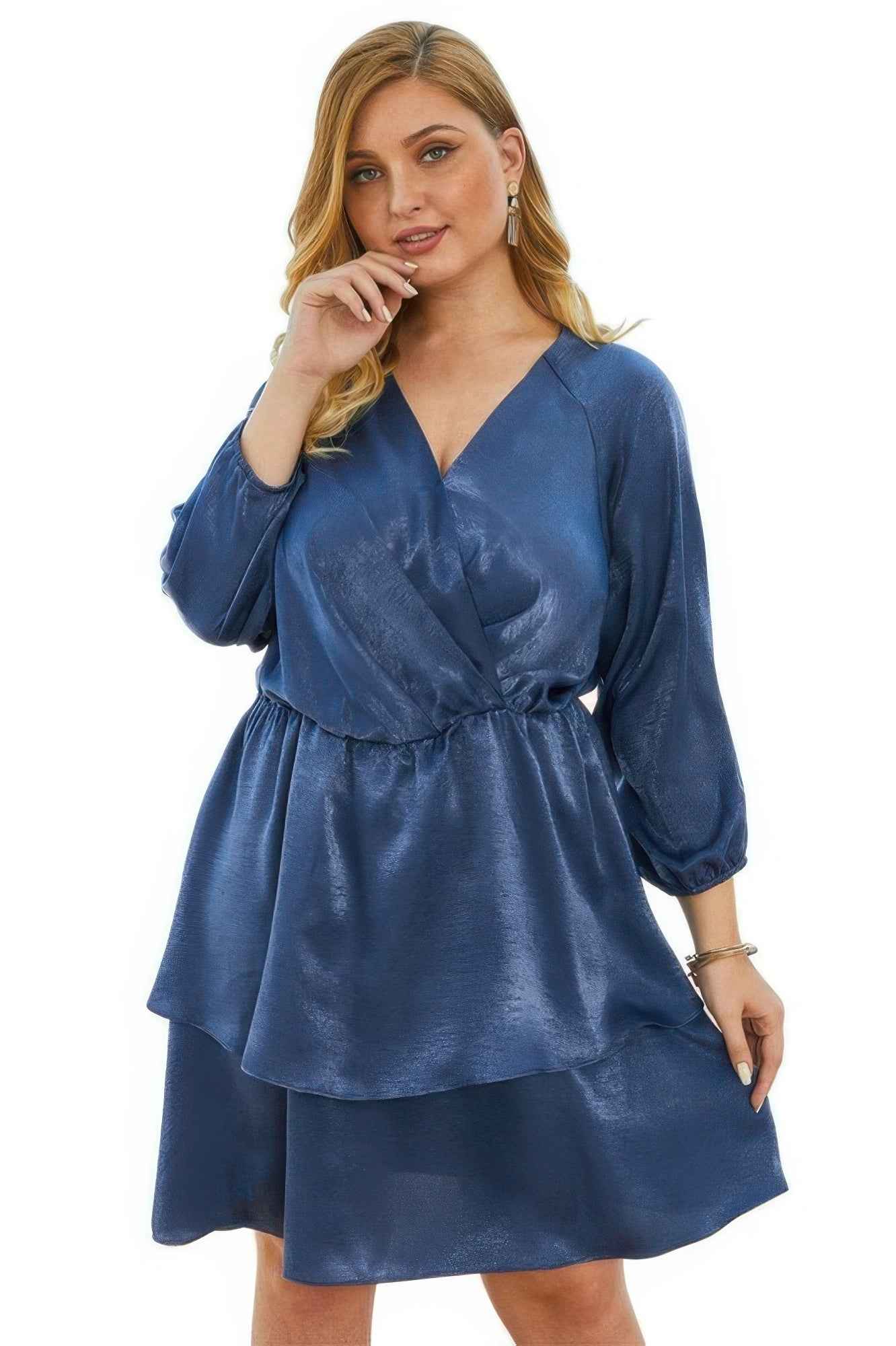 Plus Size Solid V Neck Ruffled Hem Dress