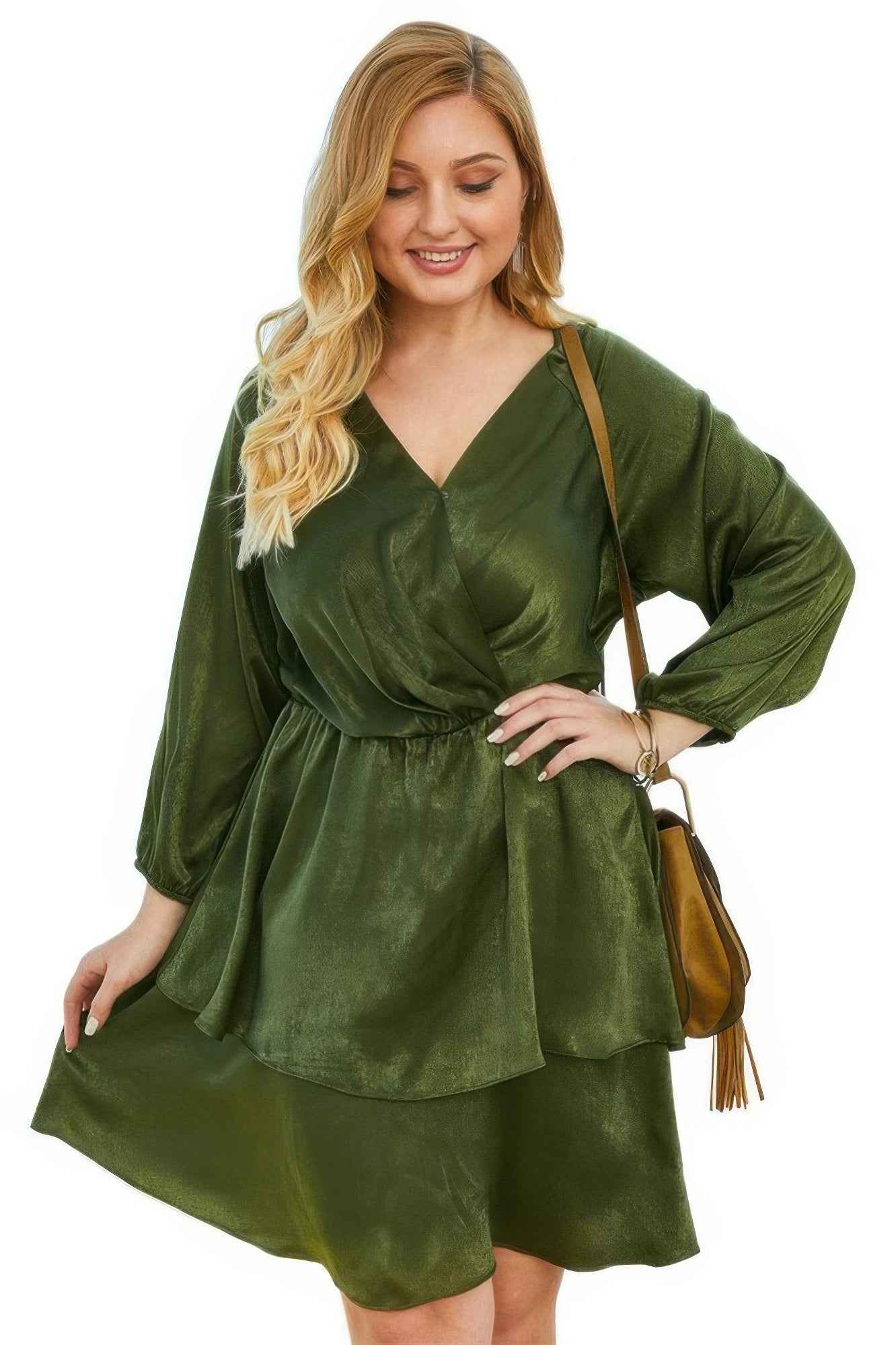 Plus Size Solid V Neck Ruffled Hem Dress