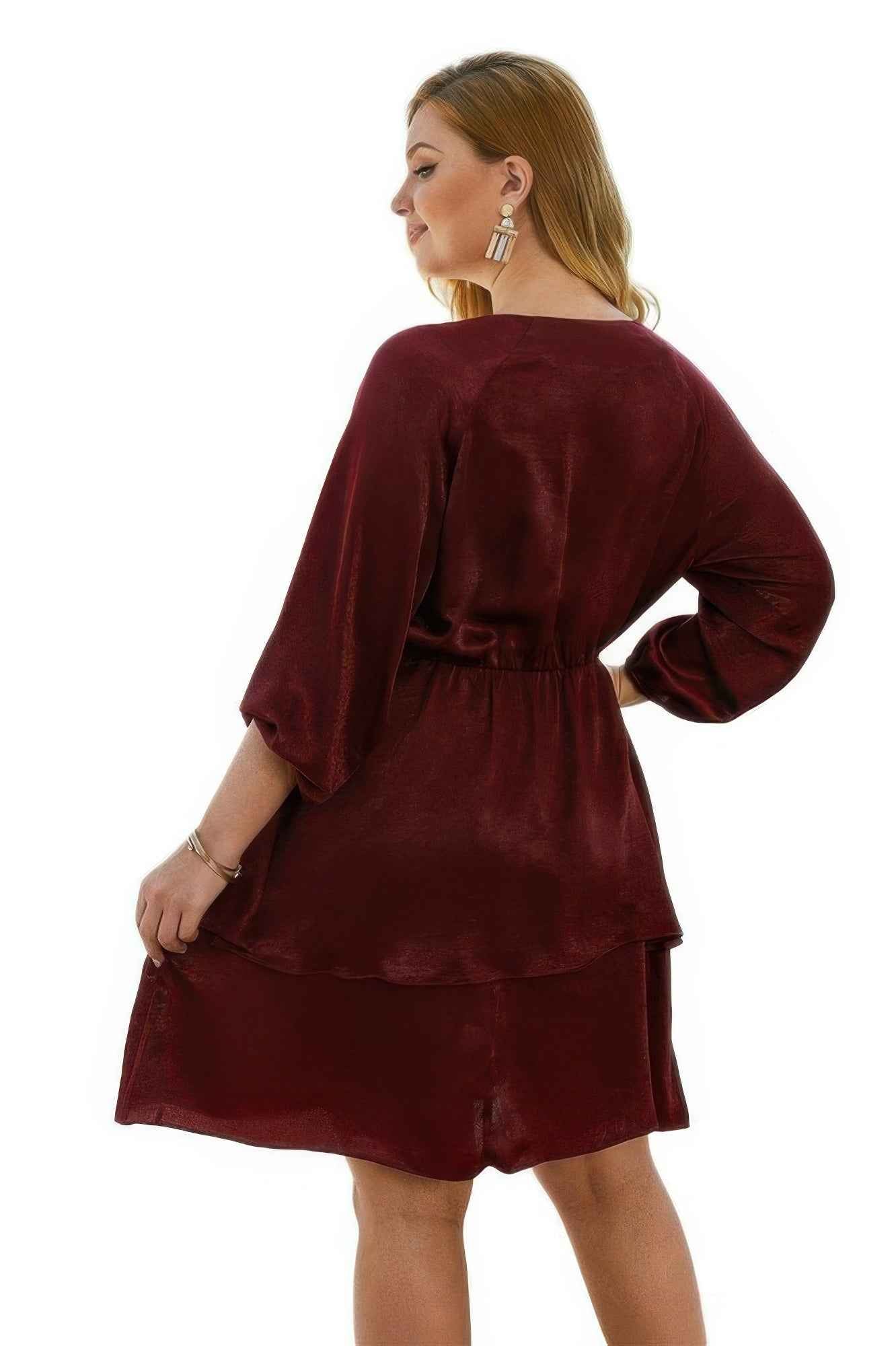 Plus Size Solid V Neck Ruffled Hem Dress