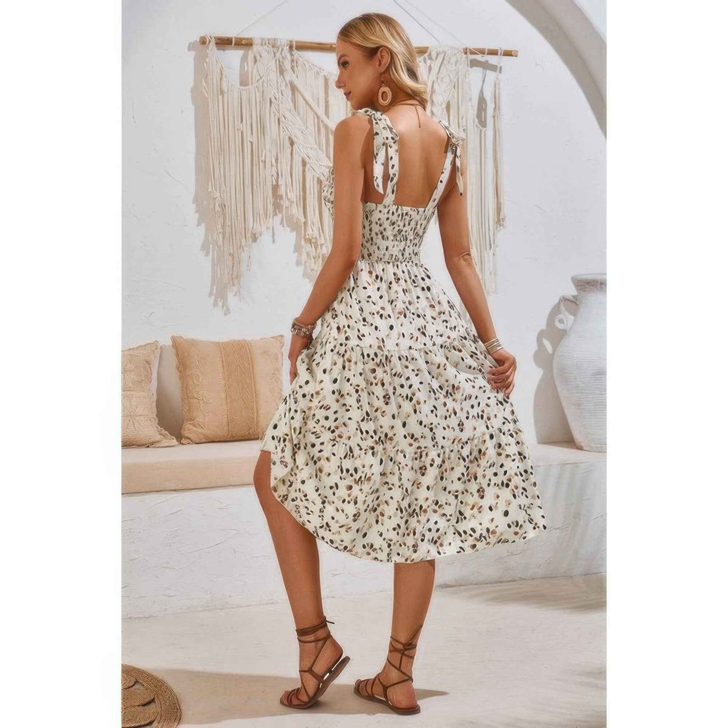 Square Neck Leopard Cut Out Elastic Waist Dress