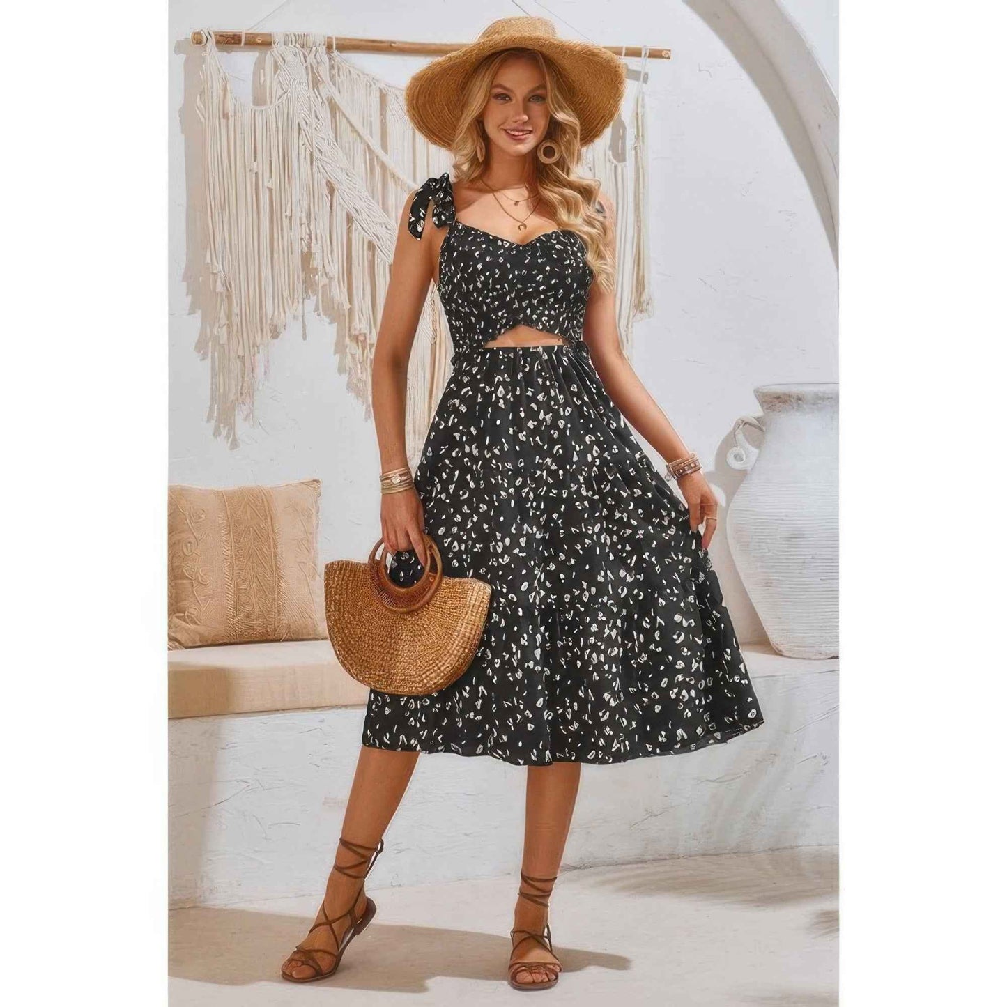 Square Neck Leopard Cut Out Elastic Waist Dress