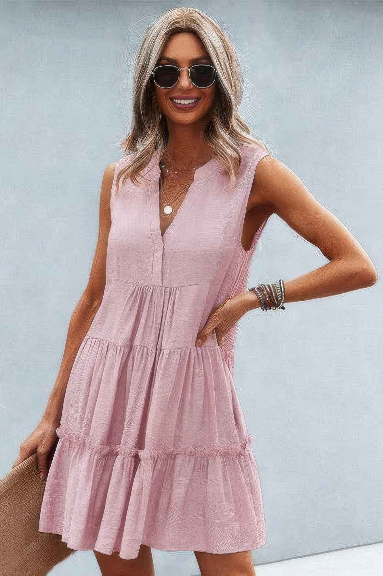 Solid V Neck Flat Collar Tiered Shift Dress
