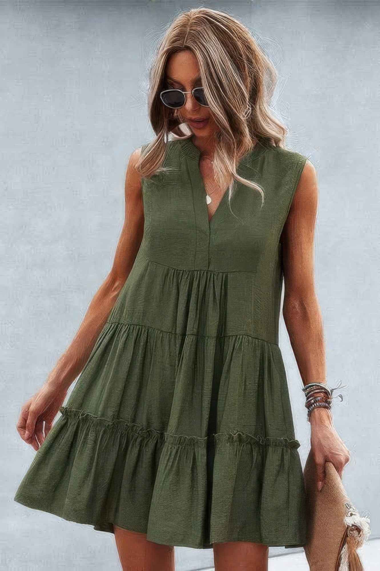 Solid V Neck Flat Collar Tiered Shift Dress