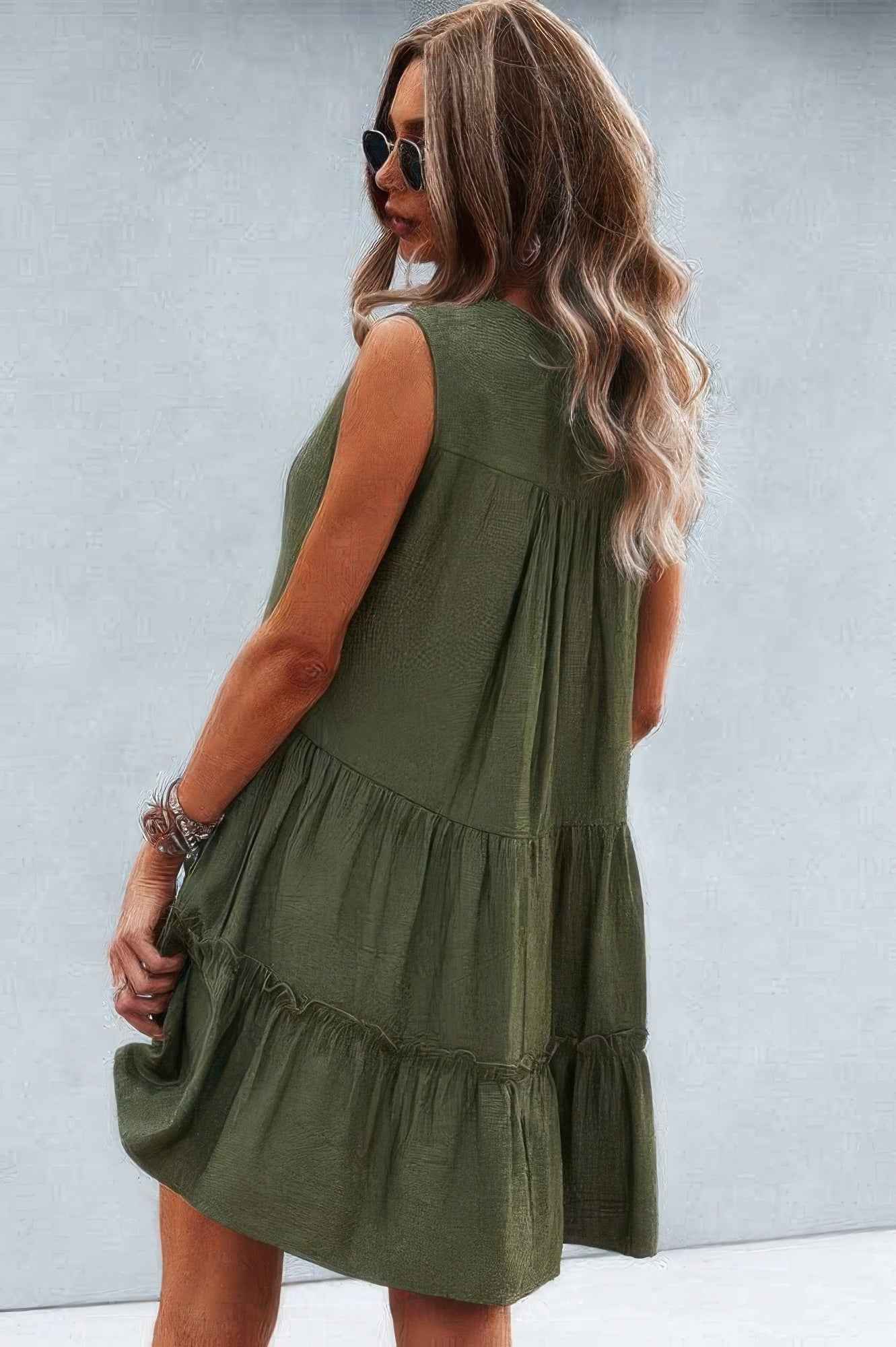 Solid V Neck Flat Collar Tiered Shift Dress