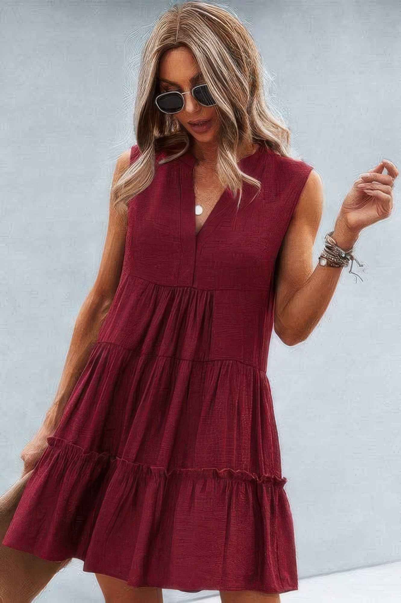 Solid V Neck Flat Collar Tiered Shift Dress
