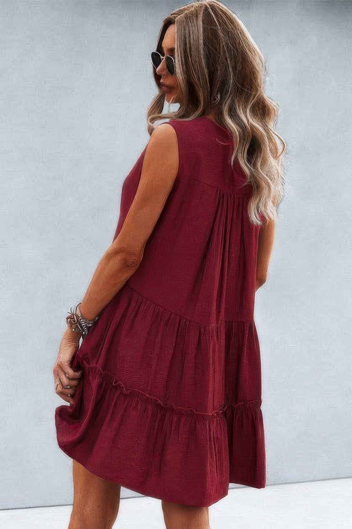 Solid V Neck Flat Collar Tiered Shift Dress
