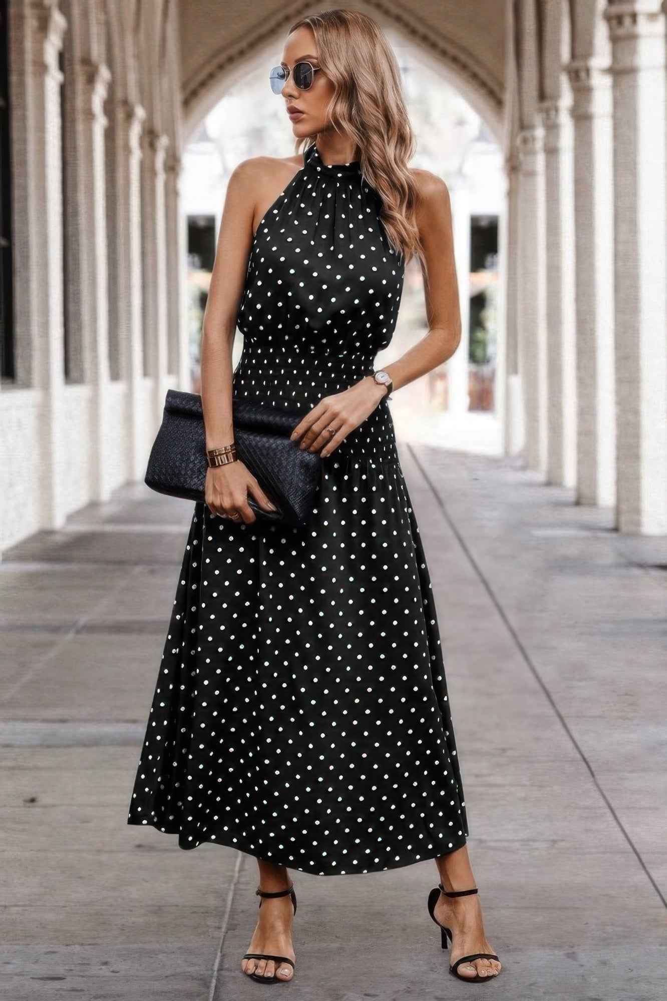 Off Shoulder Dot Print Fit Ruffle Full Dress