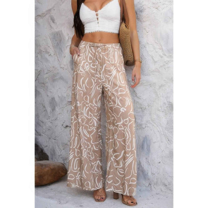 Allover Print Drawstring Pockets Wide Leg Pants