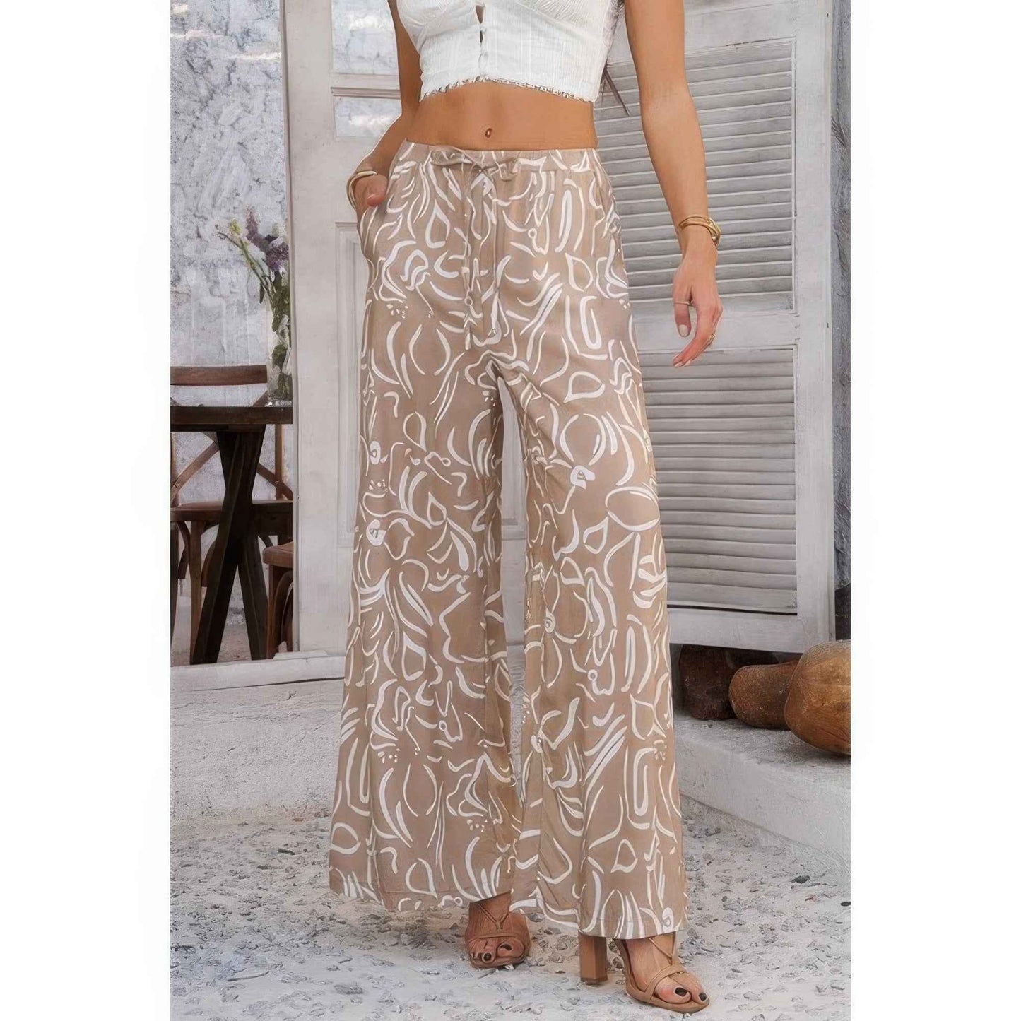Allover Print Drawstring Pockets Wide Leg Pants