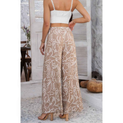 Allover Print Drawstring Pockets Wide Leg Pants