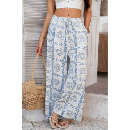 Allover Print Drawstring Pockets Wide Leg Pants