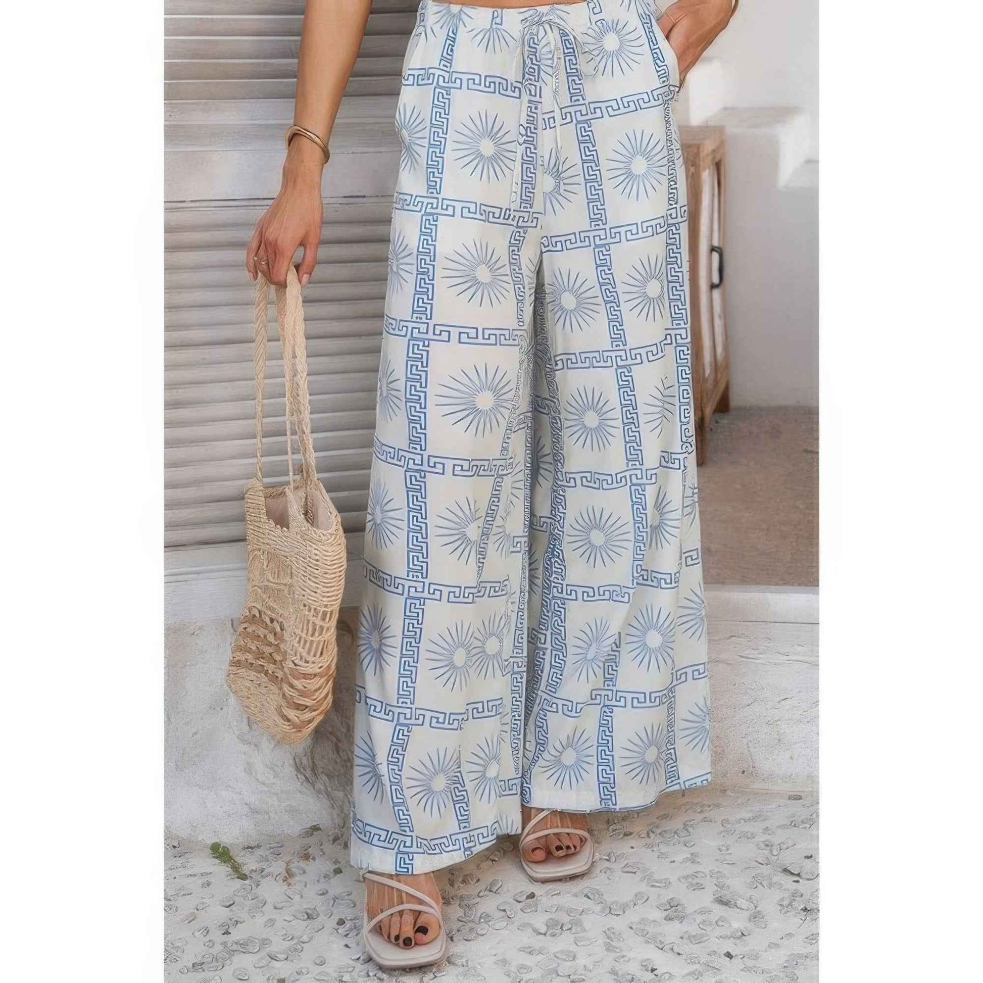Allover Print Drawstring Pockets Wide Leg Pants