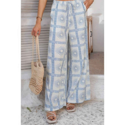 Allover Print Drawstring Pockets Wide Leg Pants