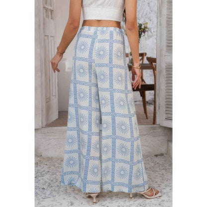 Allover Print Drawstring Pockets Wide Leg Pants