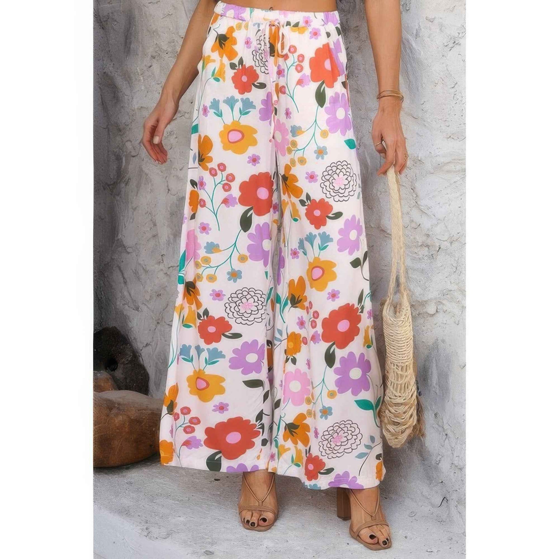 Allover Print Drawstring Pockets Wide Leg Pants