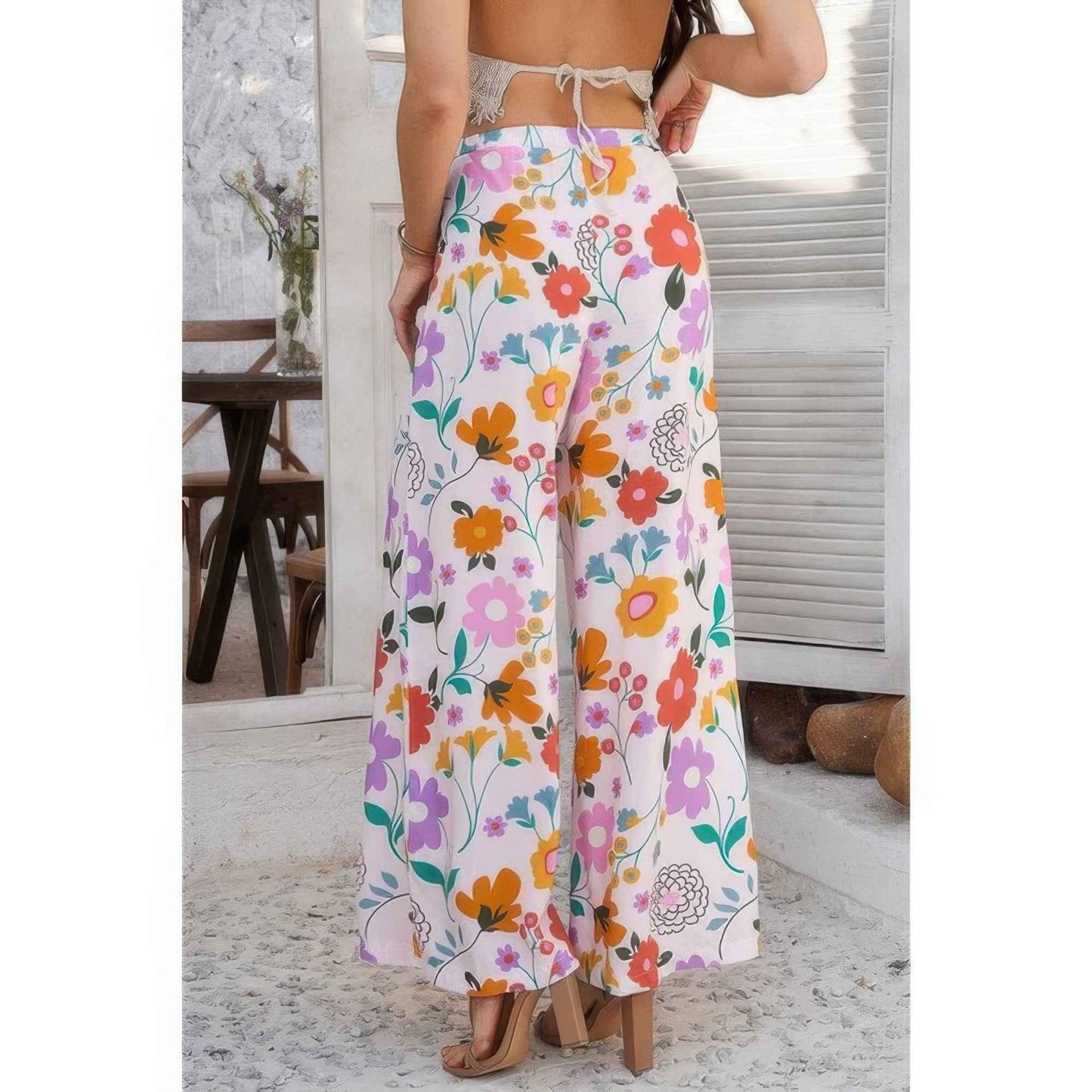 Allover Print Drawstring Pockets Wide Leg Pants