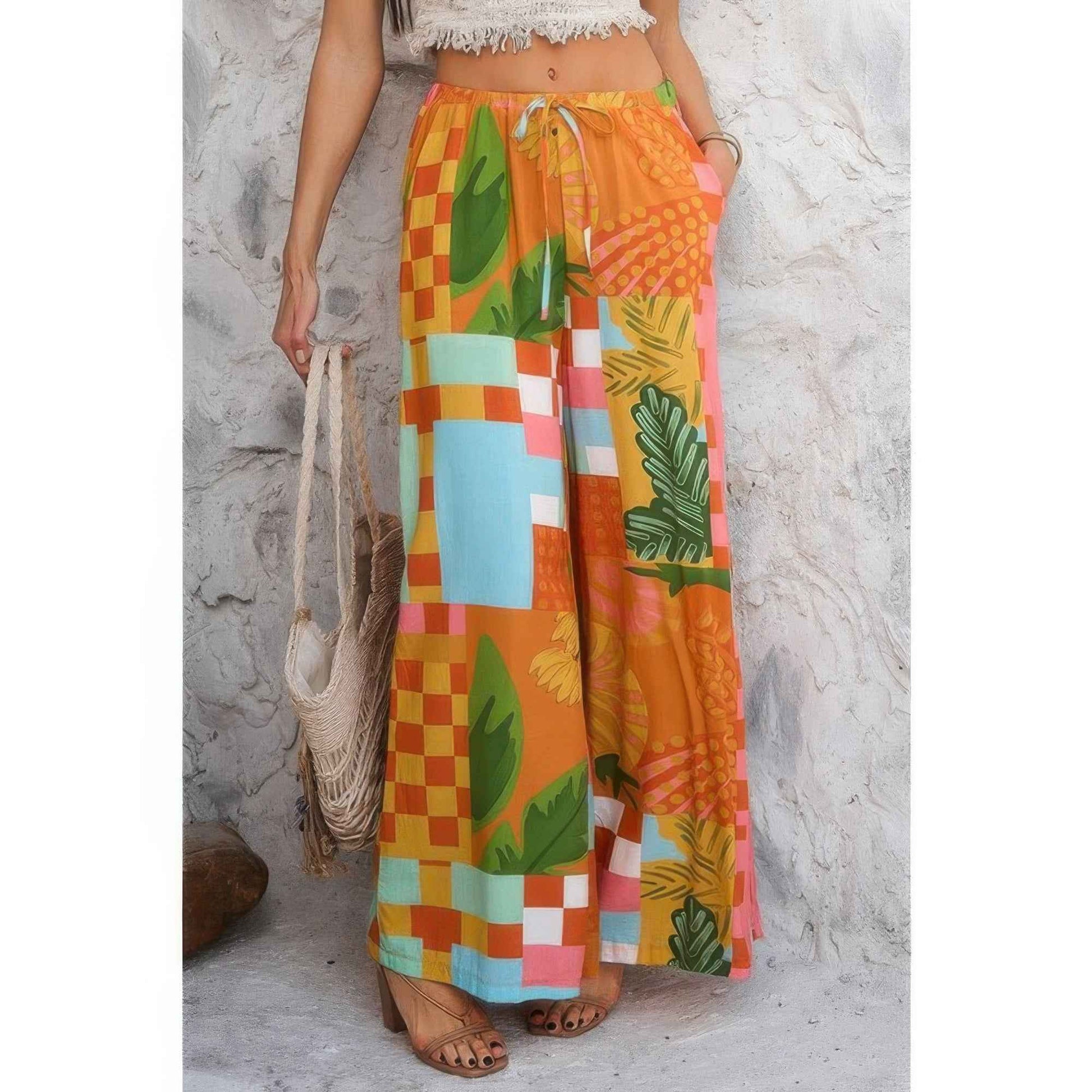 Allover Print Drawstring Pockets Wide Leg Pants
