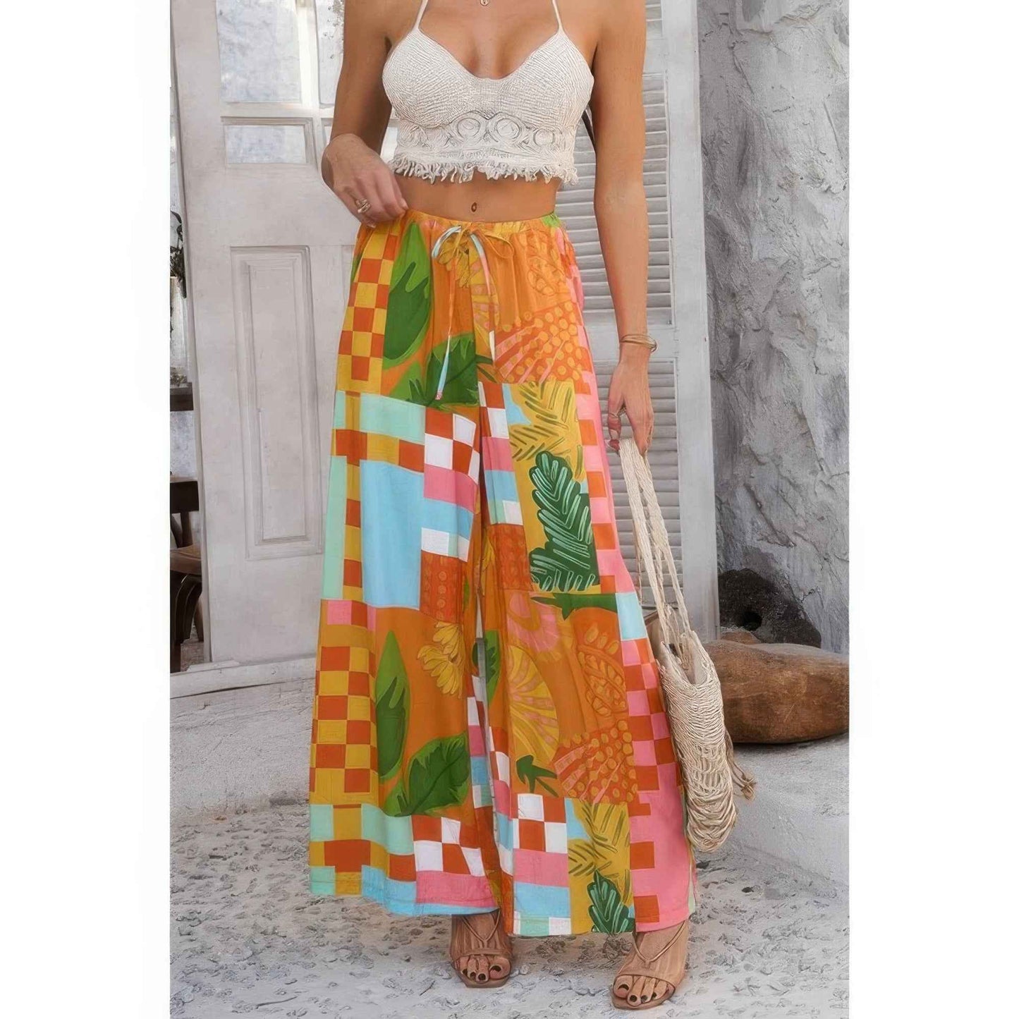 Allover Print Drawstring Pockets Wide Leg Pants