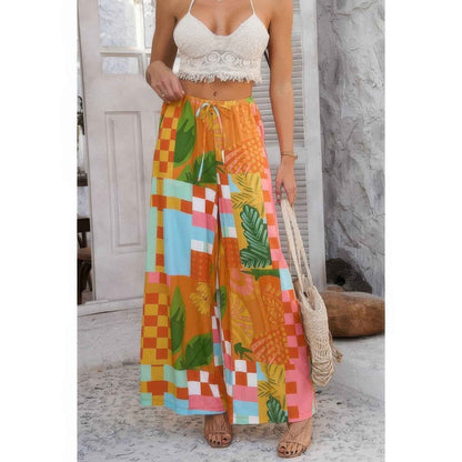 Allover Print Drawstring Pockets Wide Leg Pants