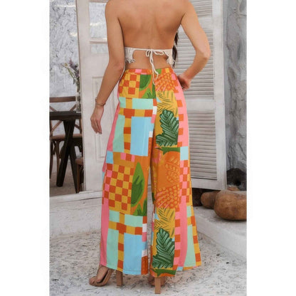 Allover Print Drawstring Pockets Wide Leg Pants