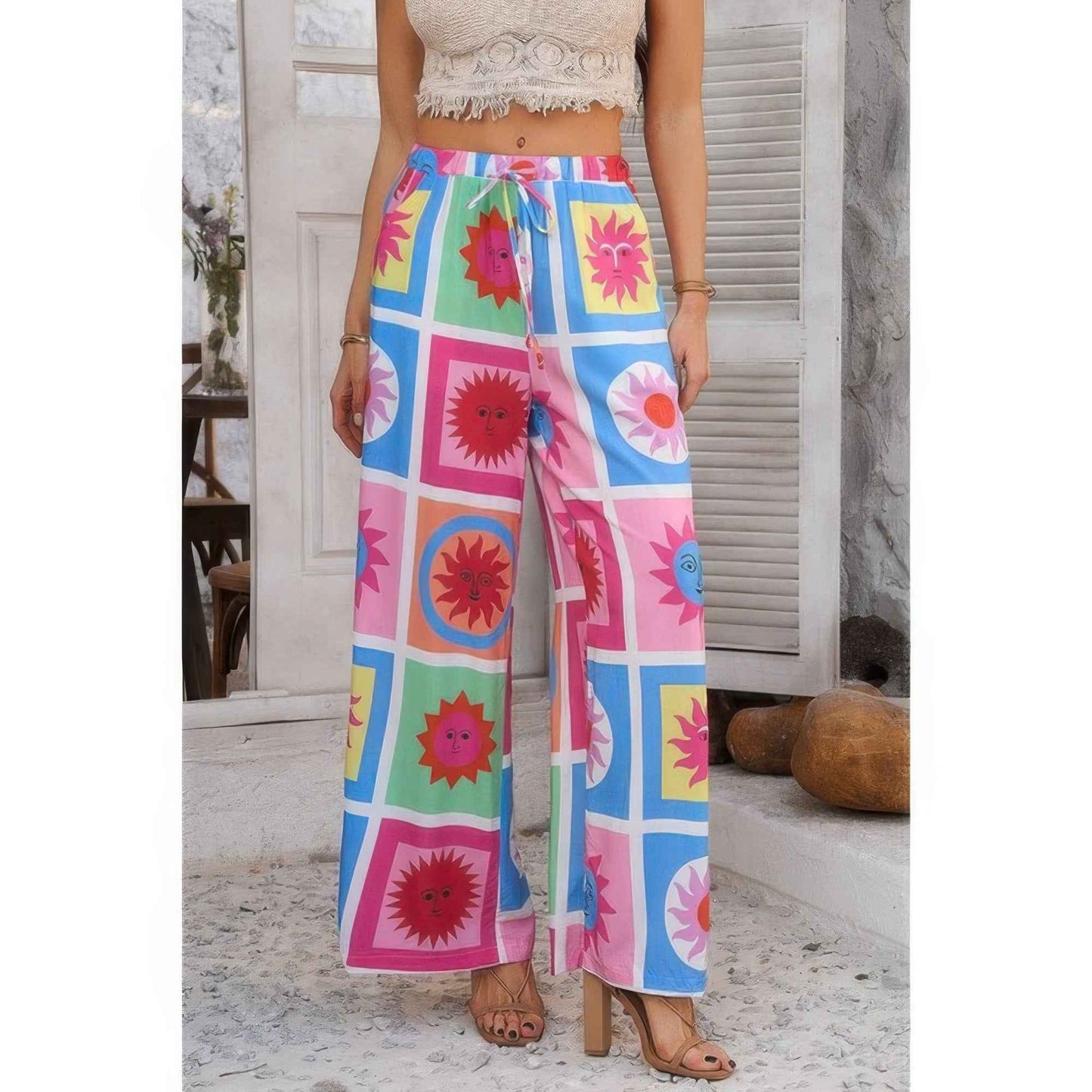 Allover Print Drawstring Pockets Wide Leg Pants