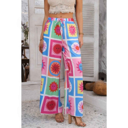 Allover Print Drawstring Pockets Wide Leg Pants
