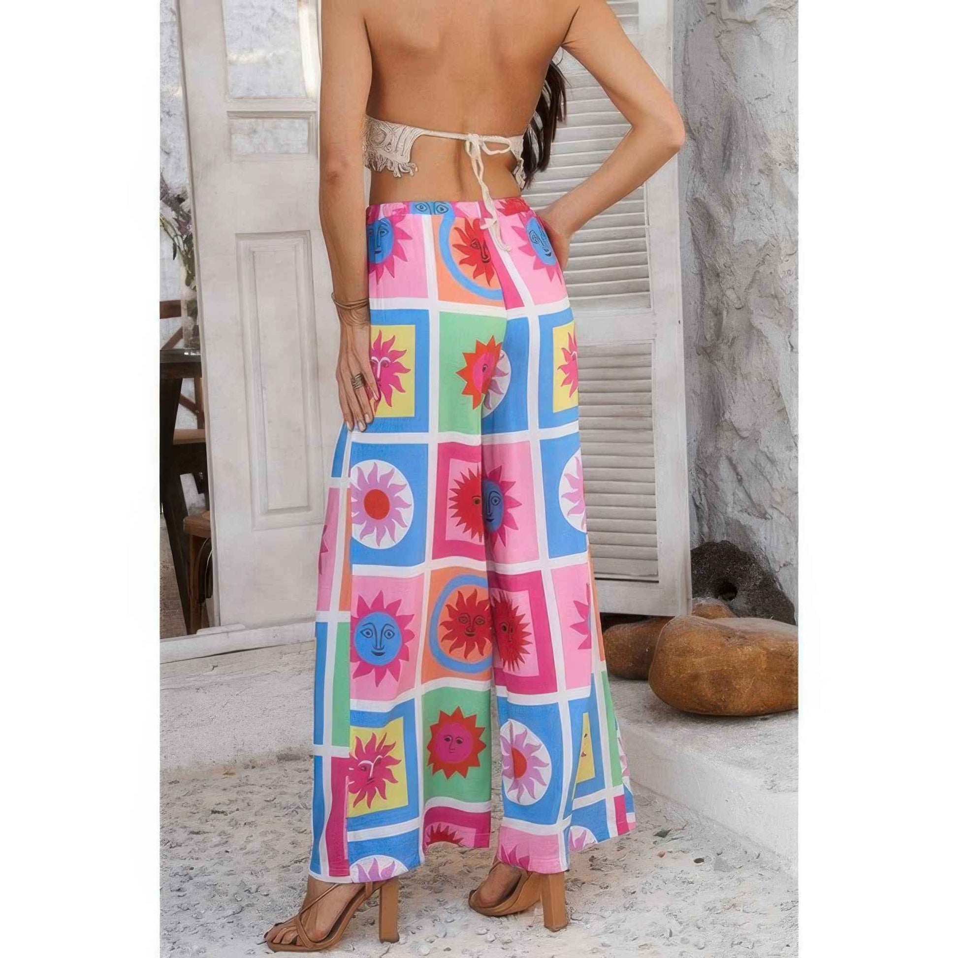 Allover Print Drawstring Pockets Wide Leg Pants