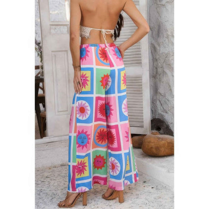 Allover Print Drawstring Pockets Wide Leg Pants