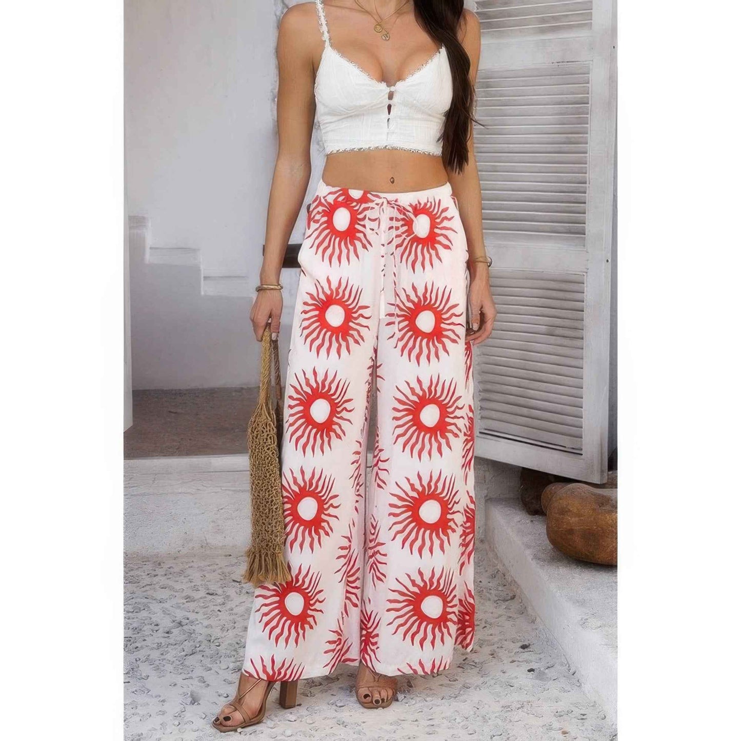 Allover Print Drawstring Pockets Wide Leg Pants