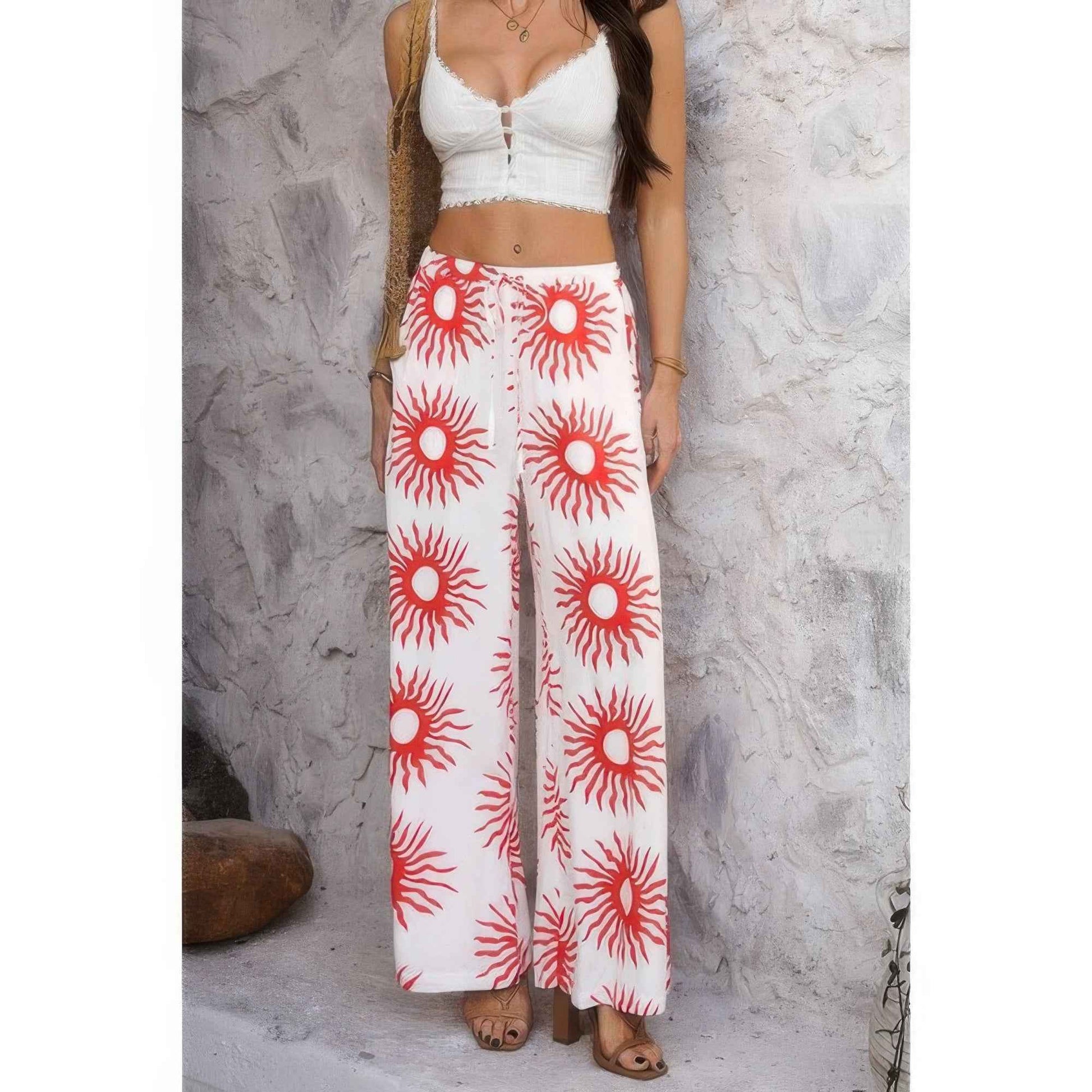 Allover Print Drawstring Pockets Wide Leg Pants
