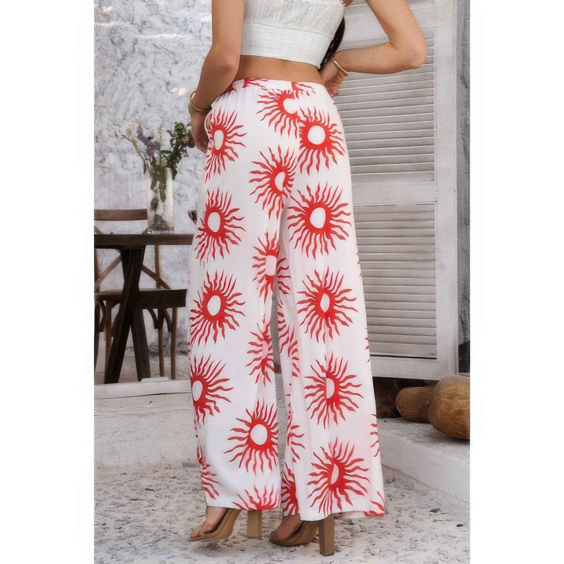 Allover Print Drawstring Pockets Wide Leg Pants