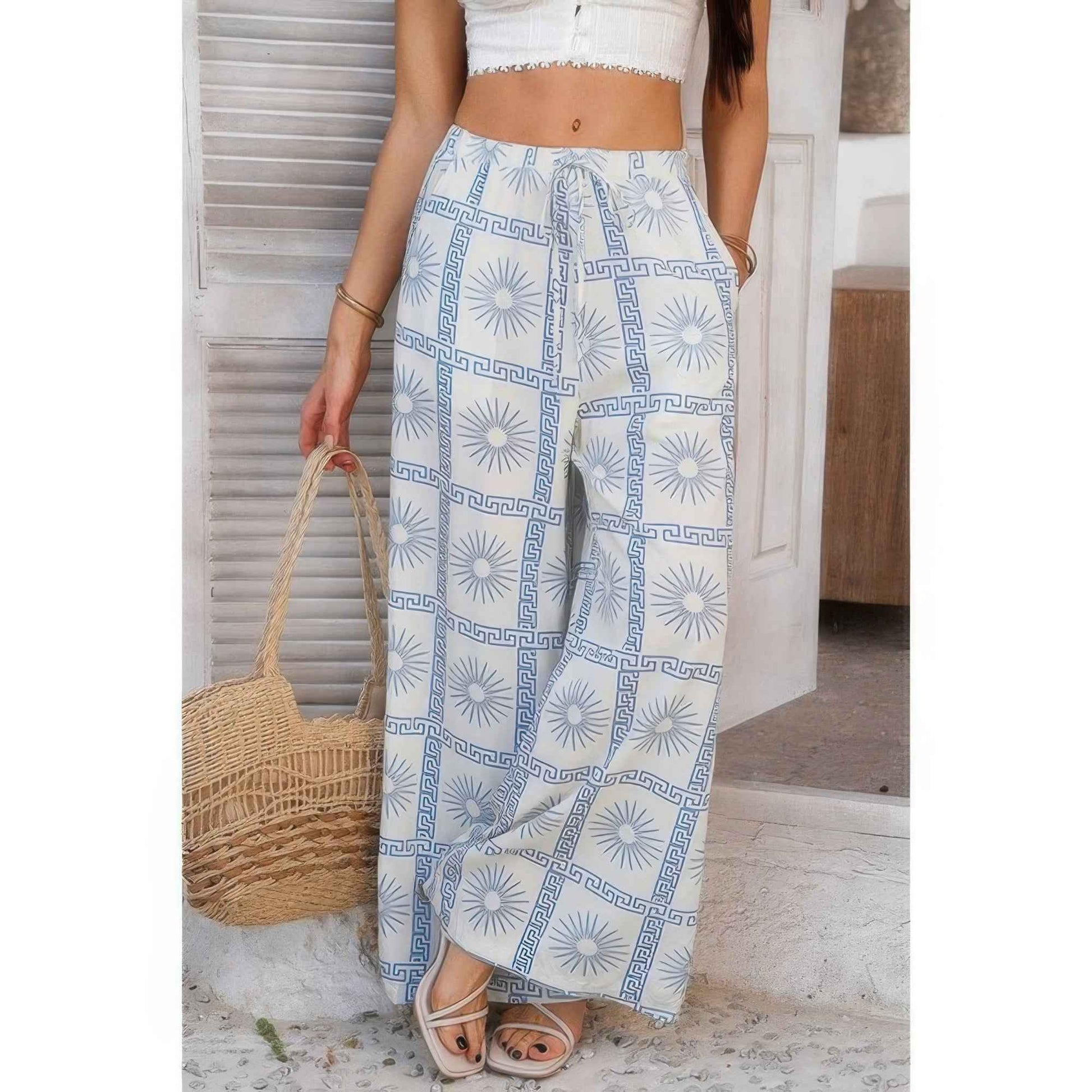 Allover Print Drawstring Pockets Wide Leg Pants