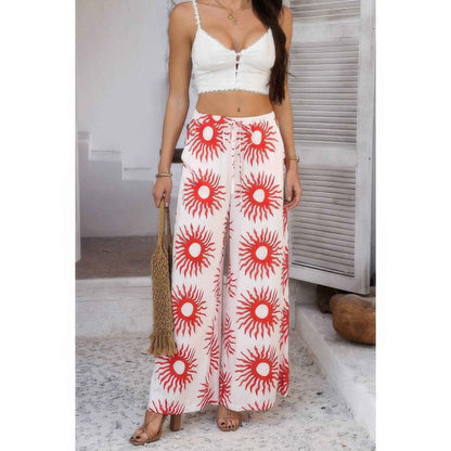 Allover Print Drawstring Pockets Wide Leg Pants