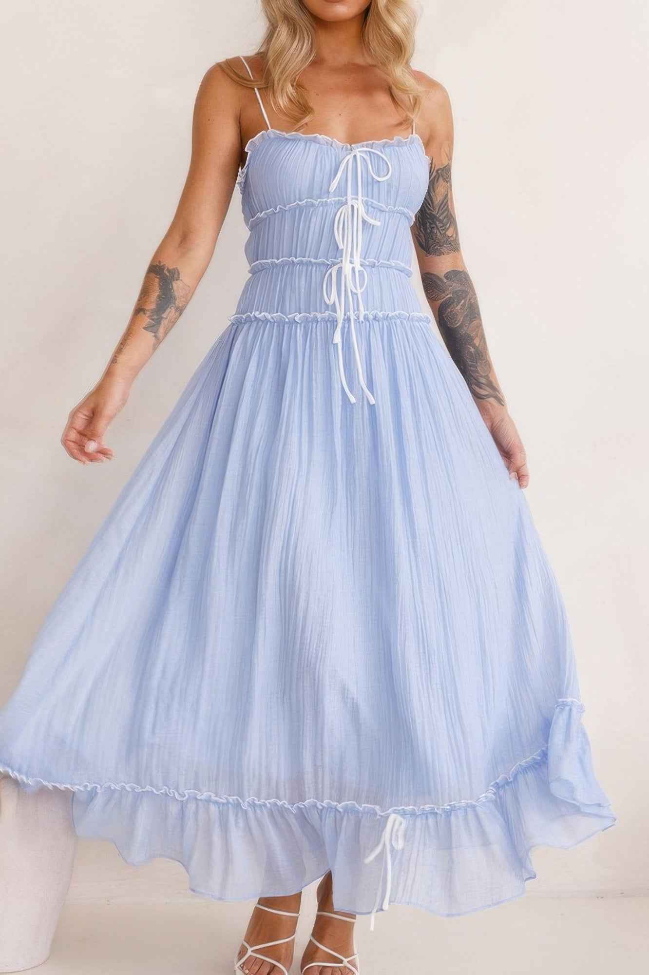 Off Shoulder Knot Pleated Ruffle Hem Dress