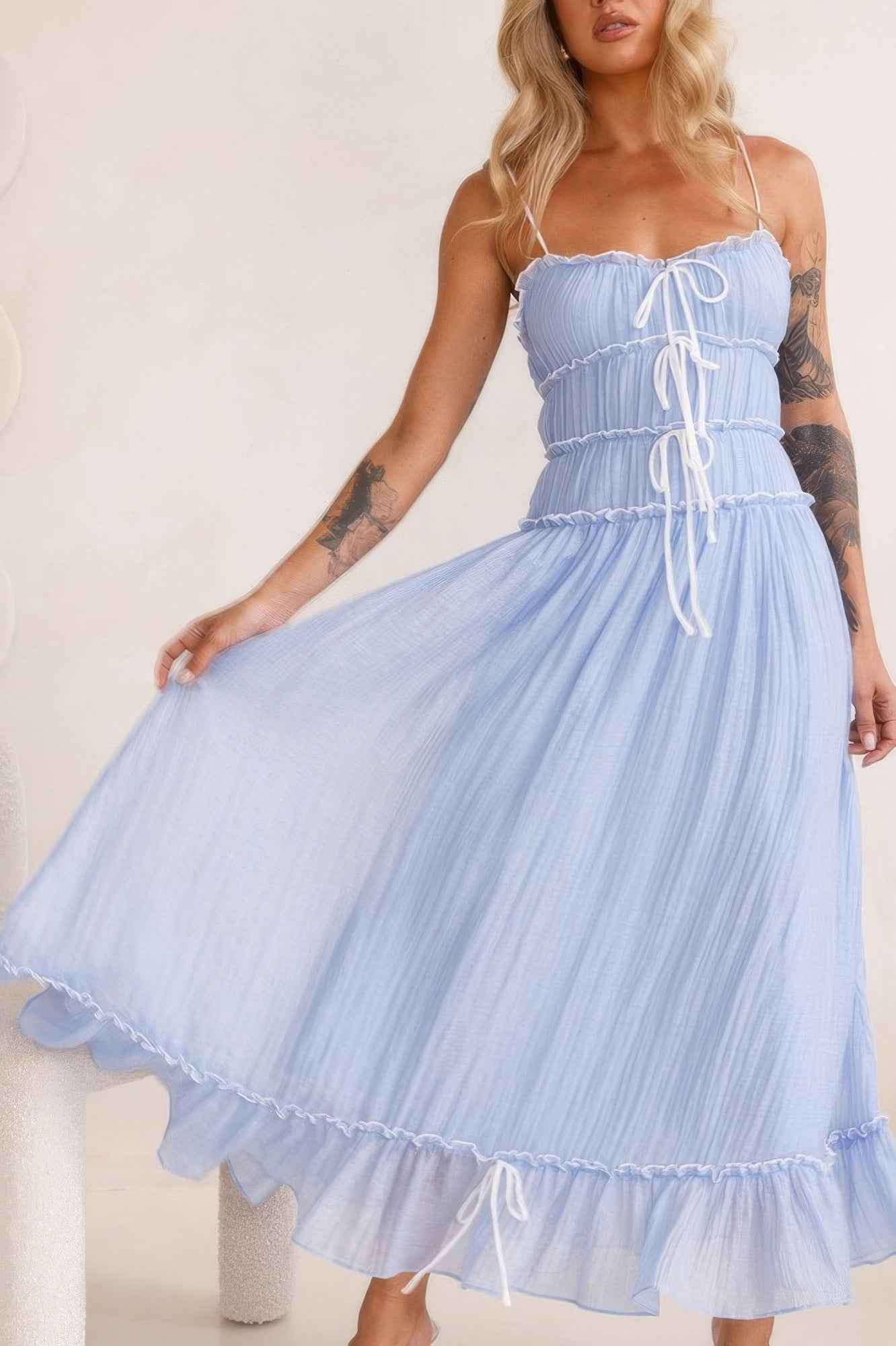 Off Shoulder Knot Pleated Ruffle Hem Dress