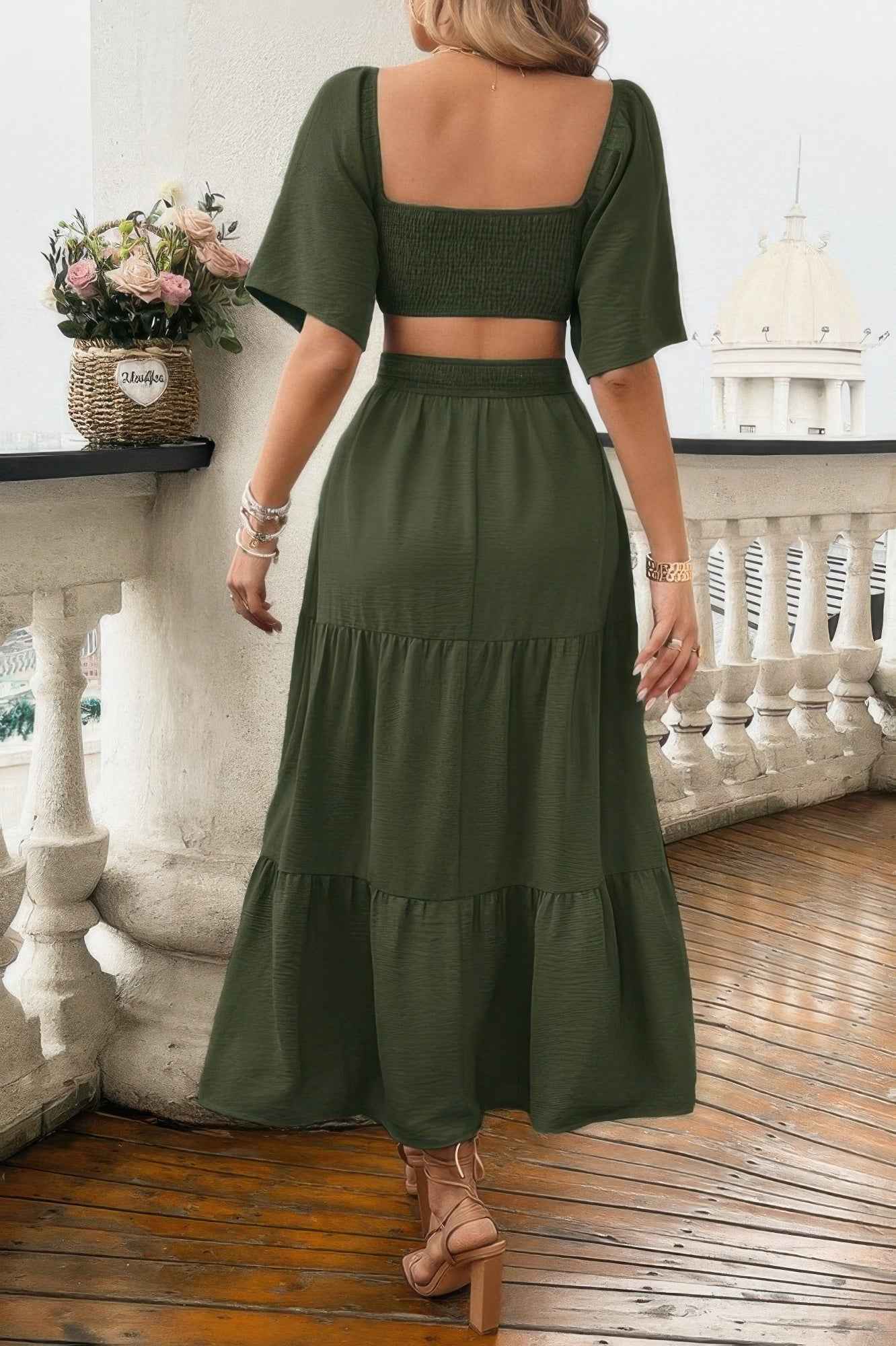 Solid Square Neck Cut Out Cross Ruffle Dress