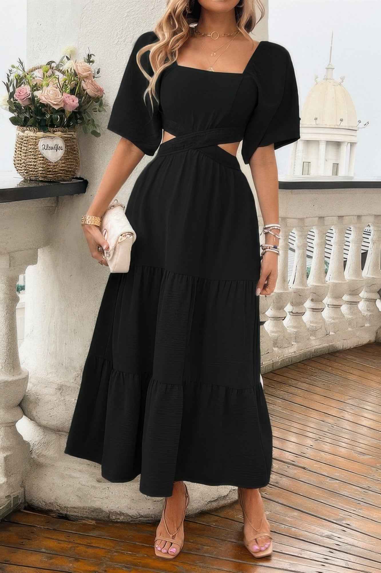 Solid Square Neck Cut Out Cross Ruffle Dress