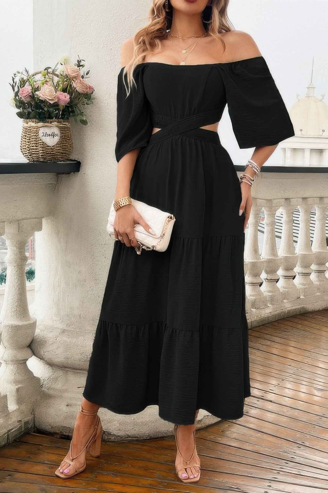 Solid Square Neck Cut Out Cross Ruffle Dress