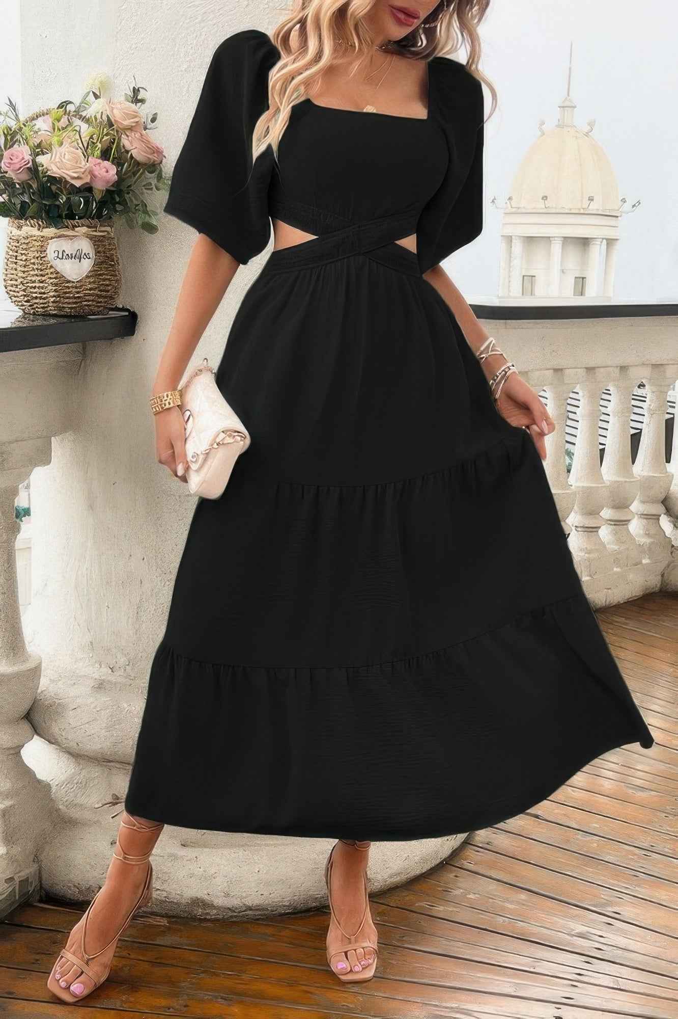 Solid Square Neck Cut Out Cross Ruffle Dress