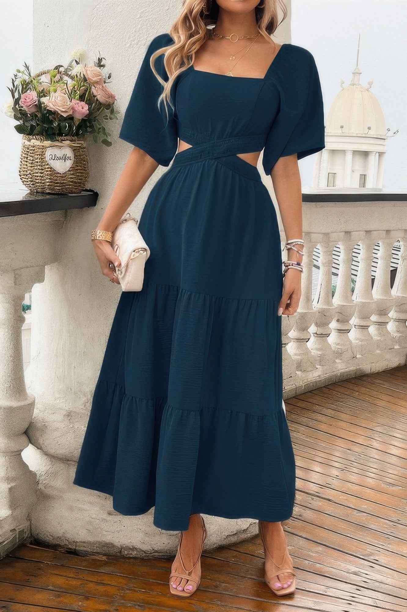 Solid Square Neck Cut Out Cross Ruffle Dress