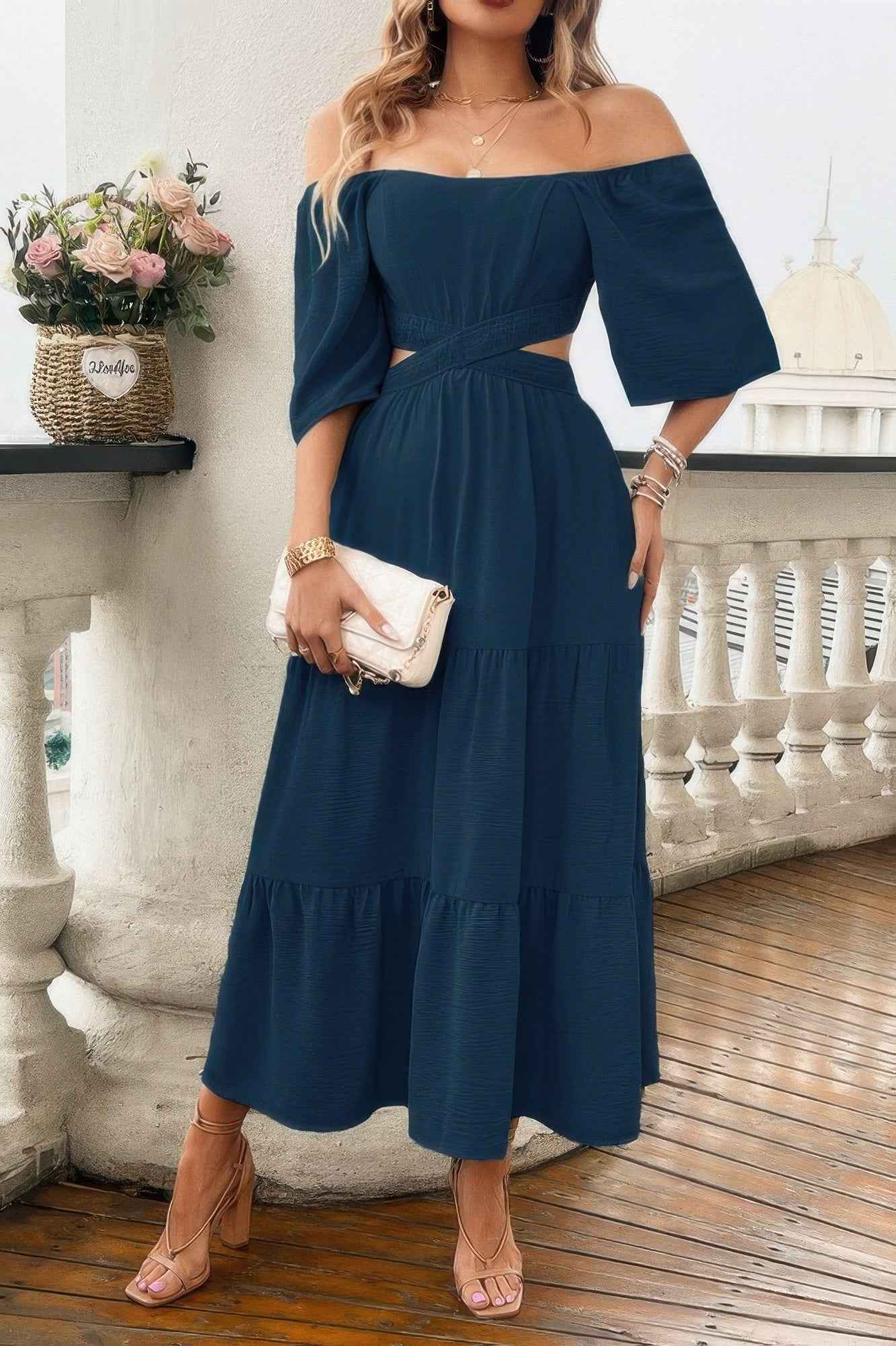 Solid Square Neck Cut Out Cross Ruffle Dress