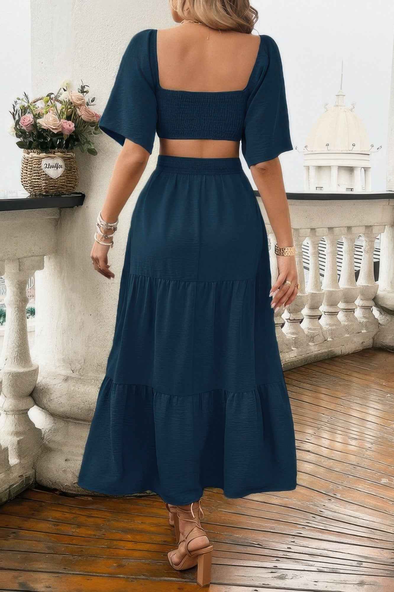 Solid Square Neck Cut Out Cross Ruffle Dress