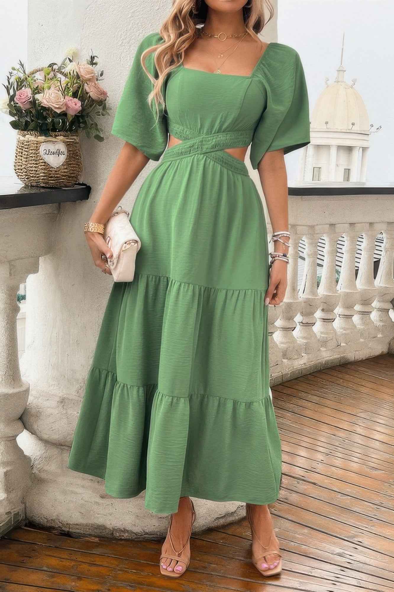 Solid Square Neck Cut Out Cross Ruffle Dress