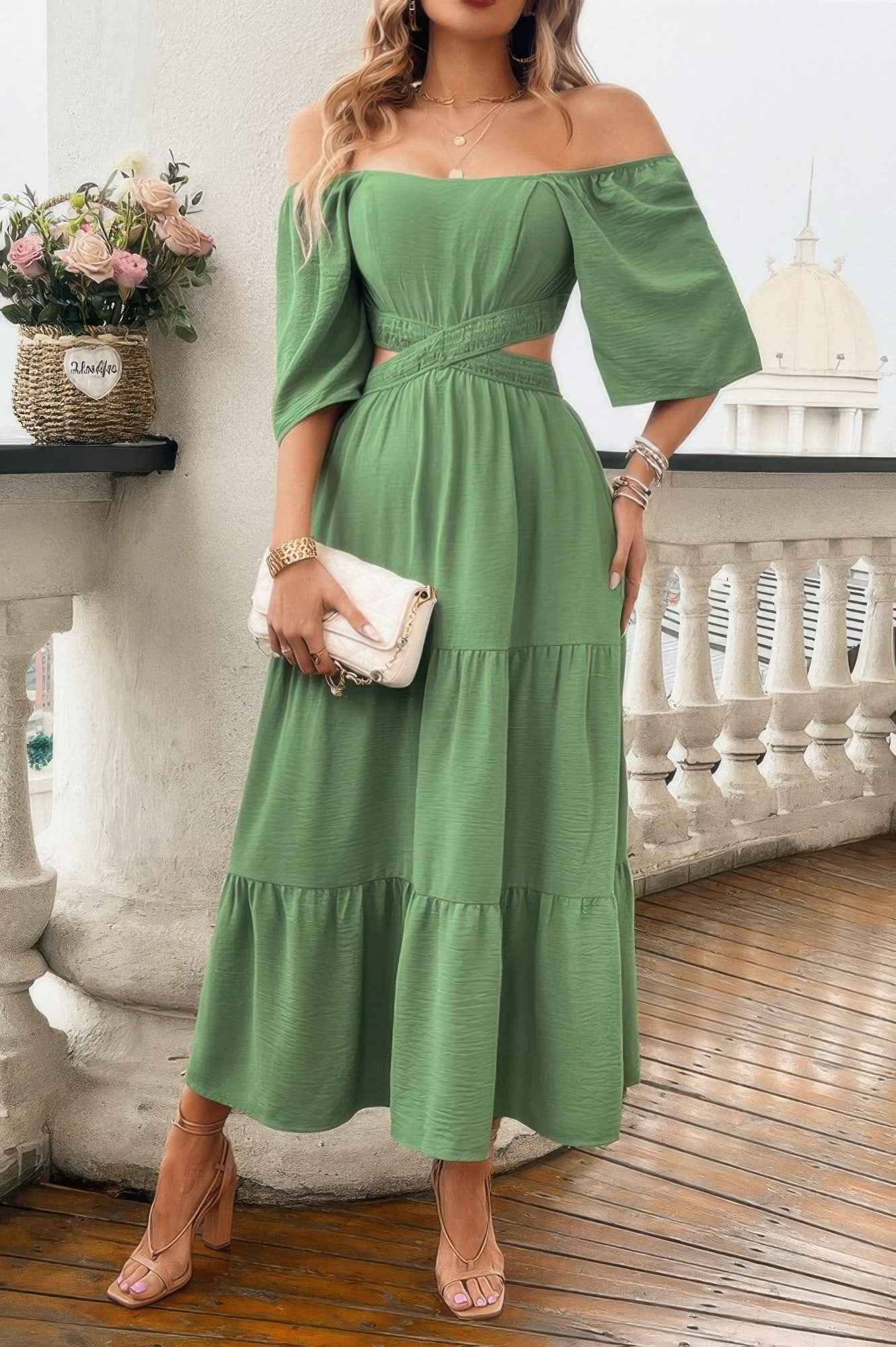 Solid Square Neck Cut Out Cross Ruffle Dress