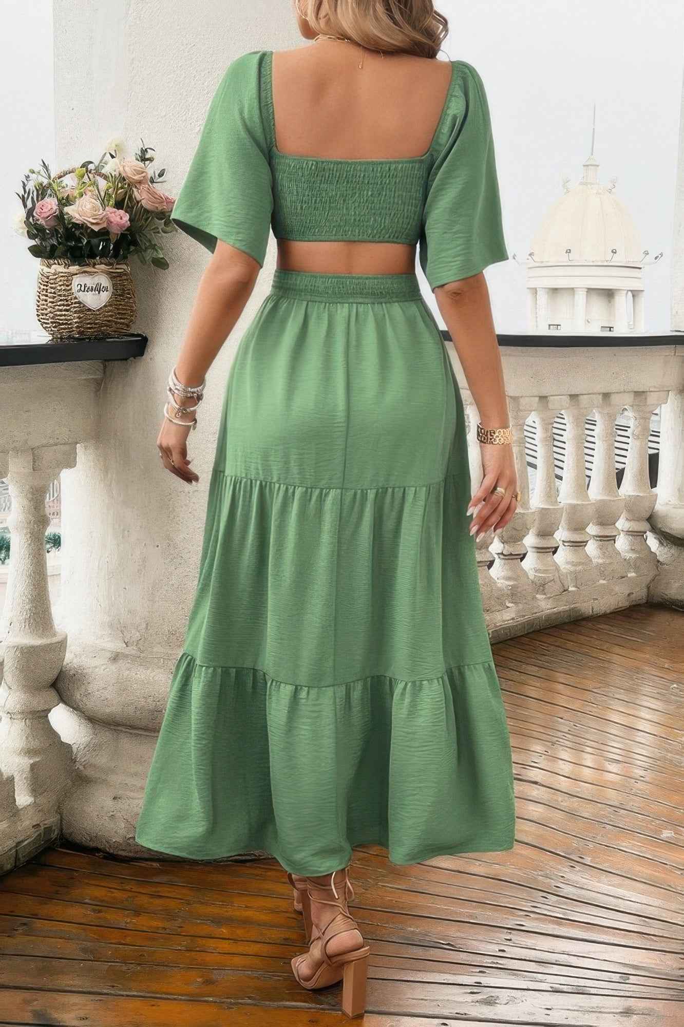 Solid Square Neck Cut Out Cross Ruffle Dress