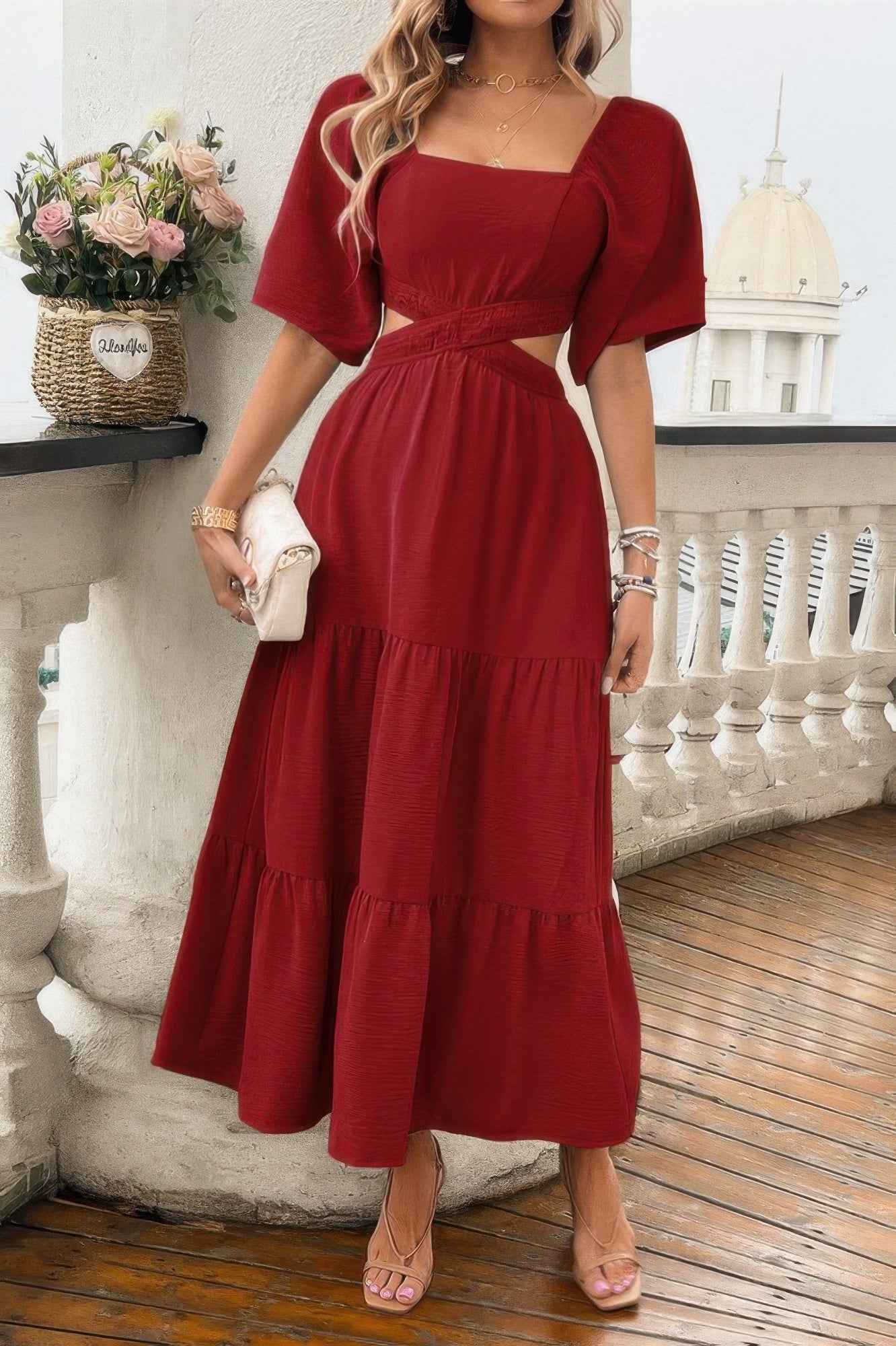 Solid Square Neck Cut Out Cross Ruffle Dress