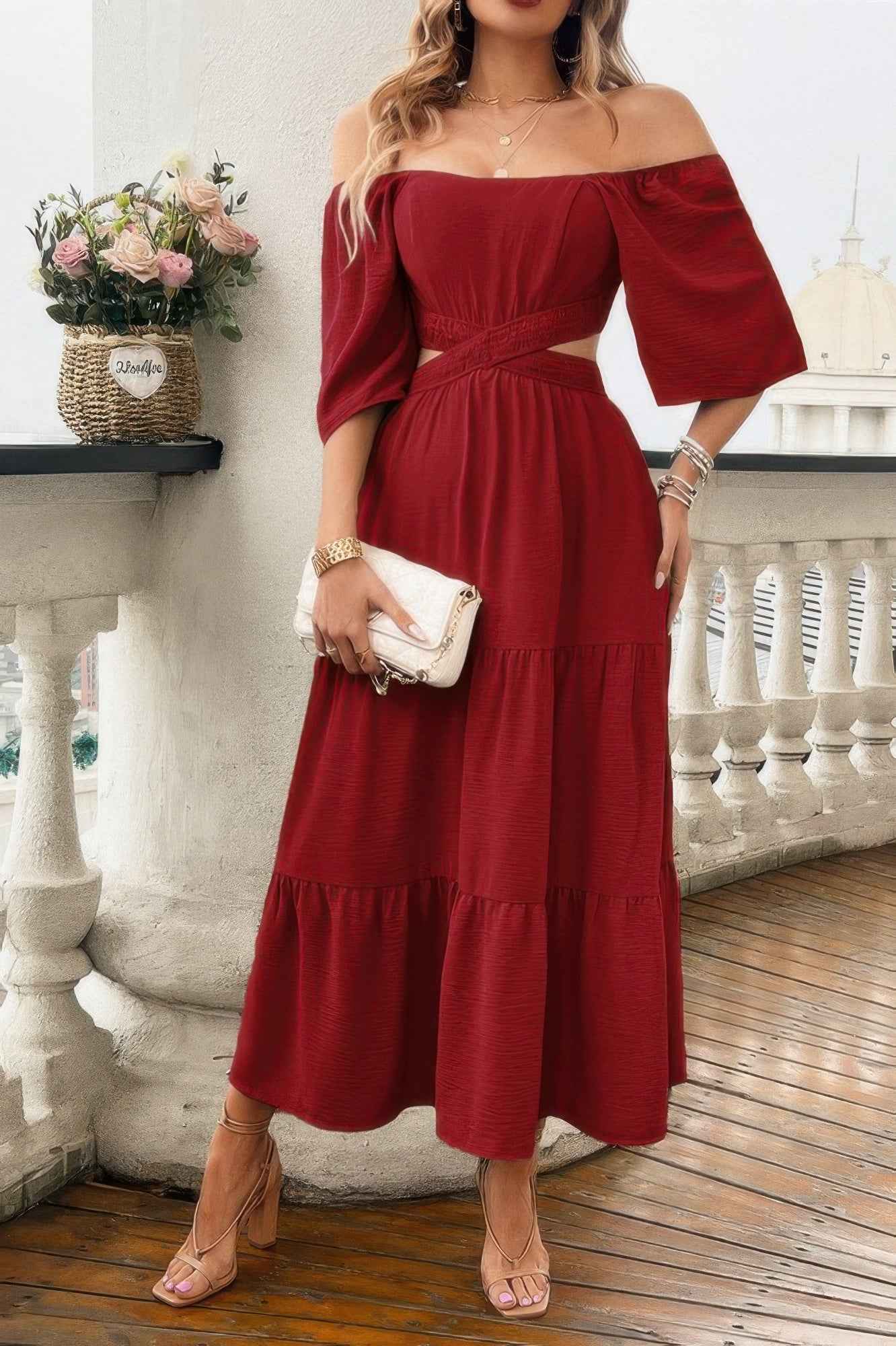 Solid Square Neck Cut Out Cross Ruffle Dress